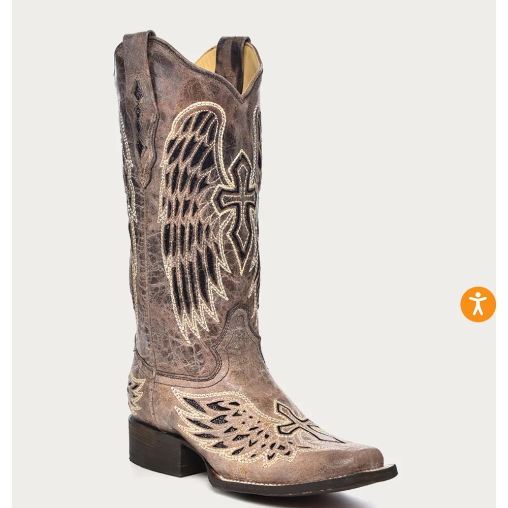 WOMEN'S BLACK GLITTER INLAY CROSS AND WINGS EMBROIDERY SQUARE TOE COWBOY BOOT